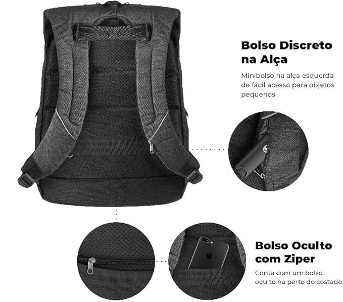 Mochila Casual Unissex Locker 22 Litros com Cadeado padrão TSA Antifurto, Saídas Aux para Cabo USB e Fone P2 Laterais, Bolso Oculto Traseiro, Impermeável, Preta, Gshield