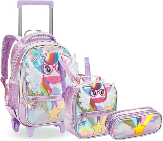 Kit Mochila de Rodinha Infantil Unicórnio com Lancheira e Estojo Feminino Menina